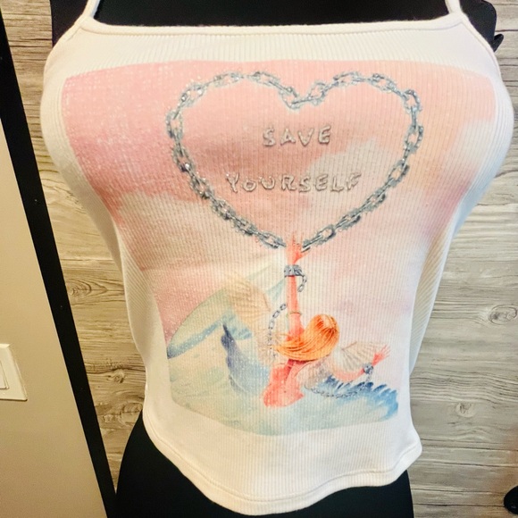 NWT Boys Lie White Ribbed Tank Top Size M/L Crop Top Rhinestone adjustable strap - Picture 12 of 14